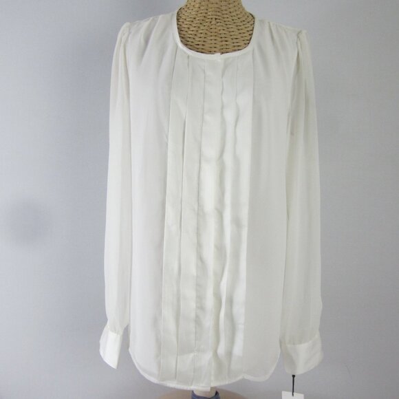 New Calvin Klein Womens M Ivory Long Sleeve Pleated Blouse Sheer Sleeves NWT $69 - Picture 1 of 14